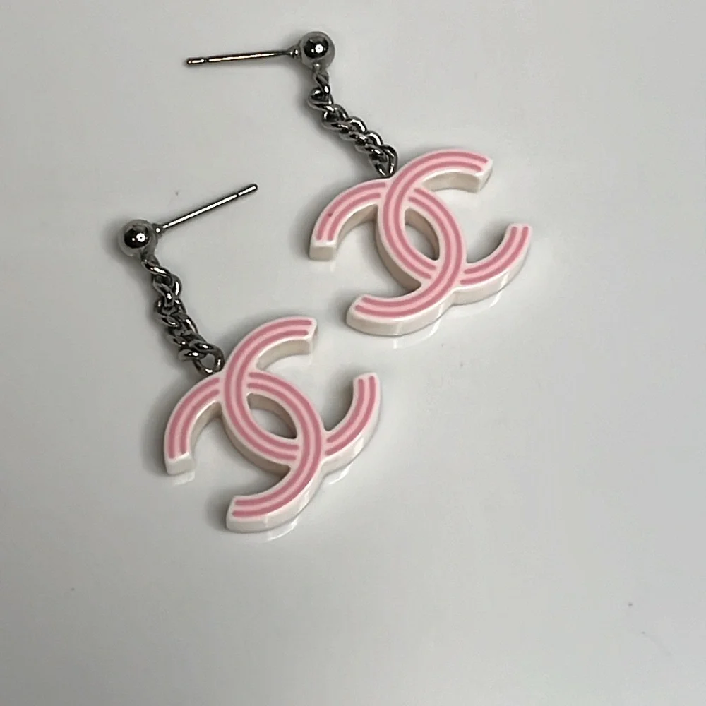 CHANEL VINTAGE CRUISE PINK WHITE STRIPE LOGO EARRINGS
